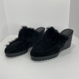 COACH Womens Black Suede Fur Trim Slip On Round Toe Wedge Mule Heels